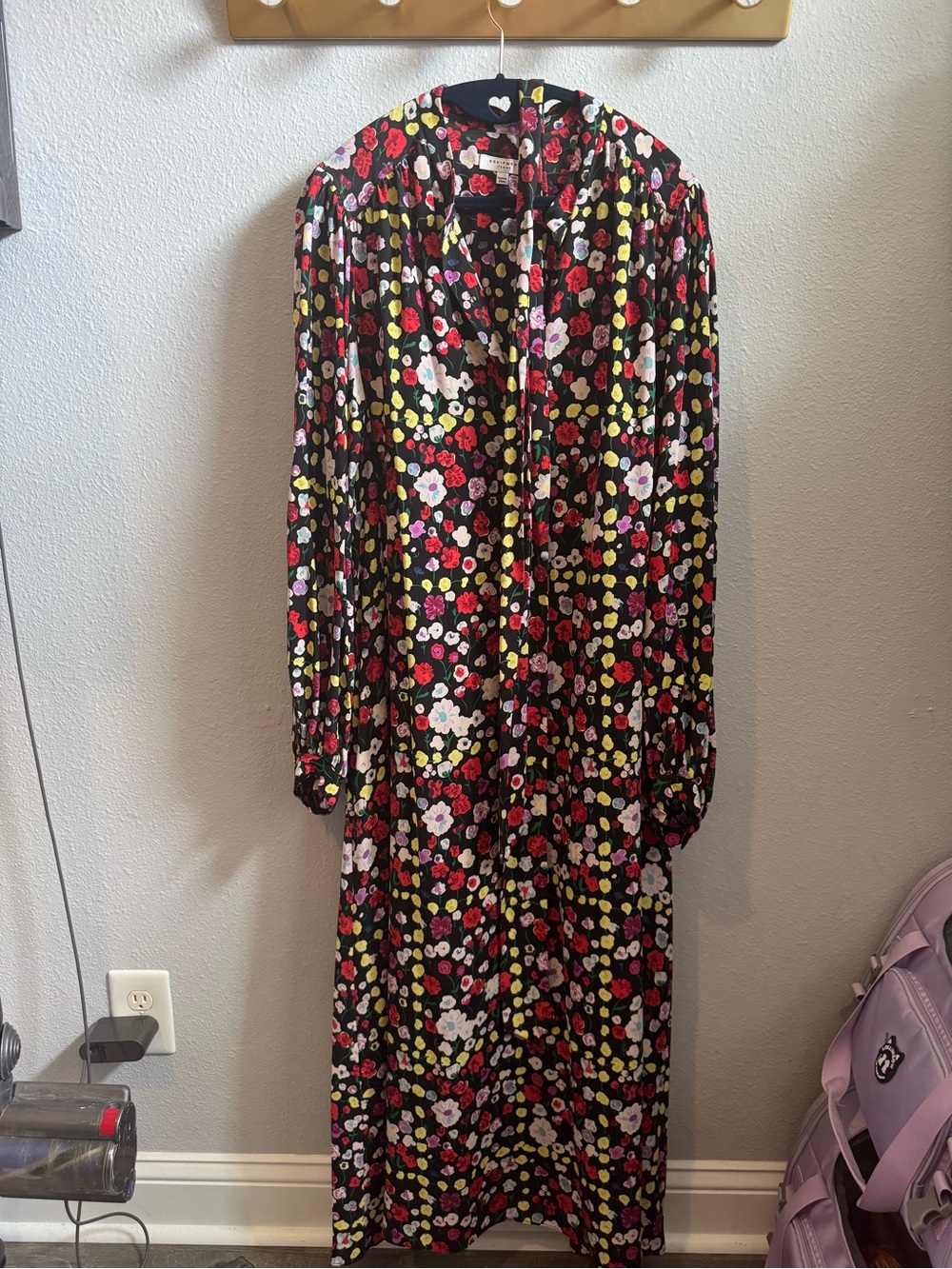 EUC Equipment Black Floral Midi Dress with Red, Yellow, Pink & White Flowers - Picture 4 of 9